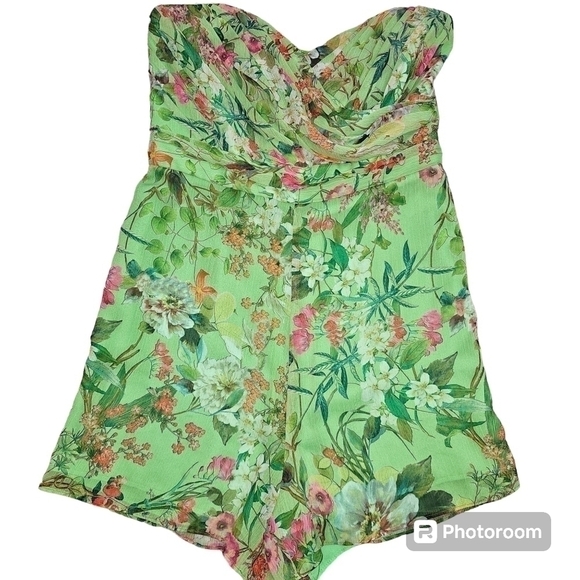Jay Godfrey Lydia Chiffon Ruched Floral Strapless Romper Playsuit in 6 - Picture 4 of 9